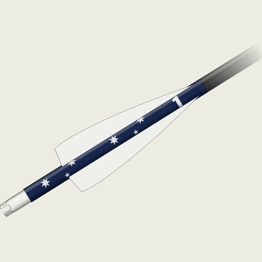 The nock end of a carbon arrow with a navy Southern Cross wrap, numbered 1, under white vanes
