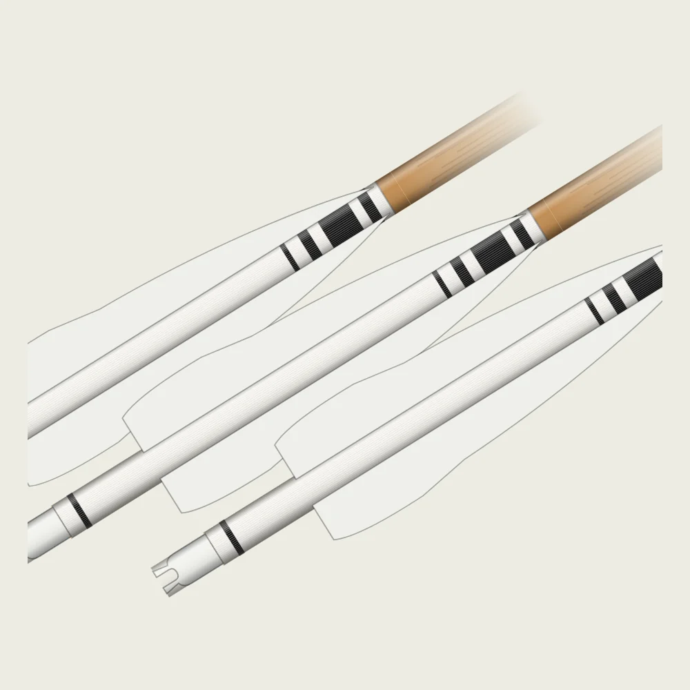 Three wooden arrows with white fletching and black cresting bands at the front of the wrap